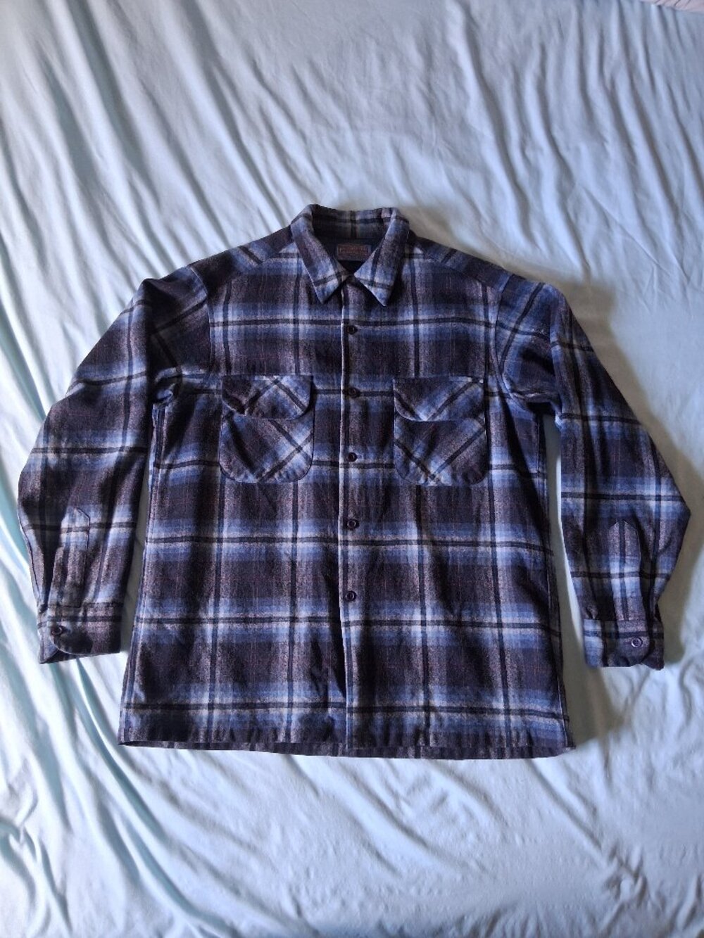 VTG 1960s Pendleton Wool Black & Blue Shadow Paid Flannel Longsleeve Board Shirt